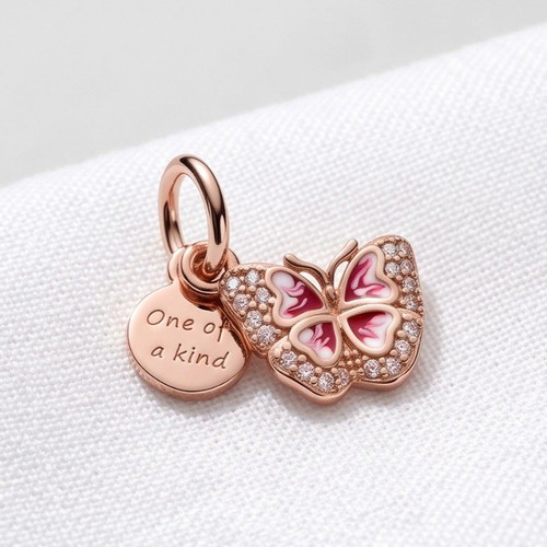 Pandora double charm butterfly with pink enamel and zircons, new