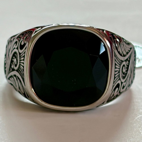 Vintage Signet Ring Black Zircon US 12 316L Stainless Steel New
