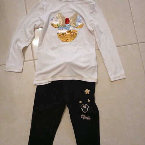 Baby clothing set size 3 with white sequin blouse and black Disney leggings like new