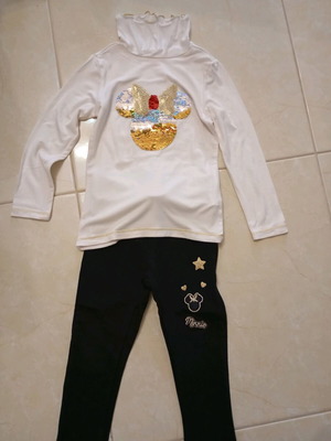 Baby clothing set size 3 with white sequin blouse and black Disney leggings like new