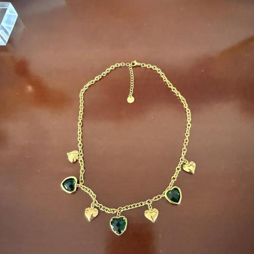 Gold plated steel necklace with green heart stones new