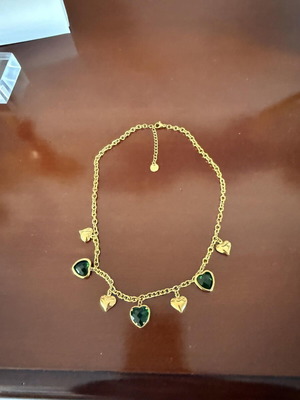 Gold plated steel necklace with green heart stones new