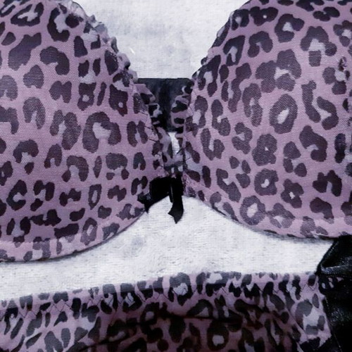 Zara/Ousho lingerie set 80B bra M/L thong, new, animal prints purple and black