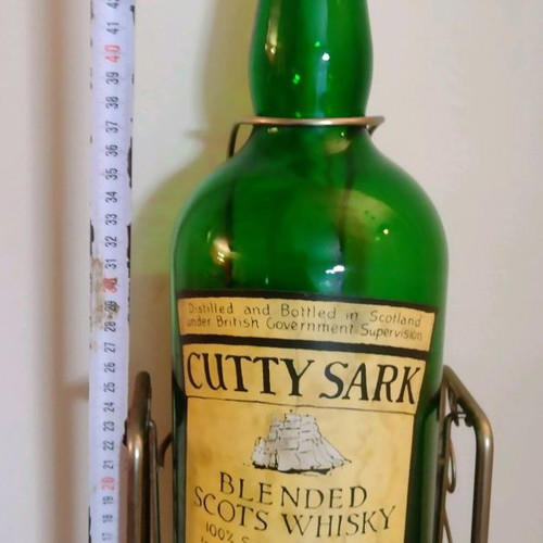 Vintage empty Cutty Sark whisky bottle 1 gallon with metal pourer and cradle used