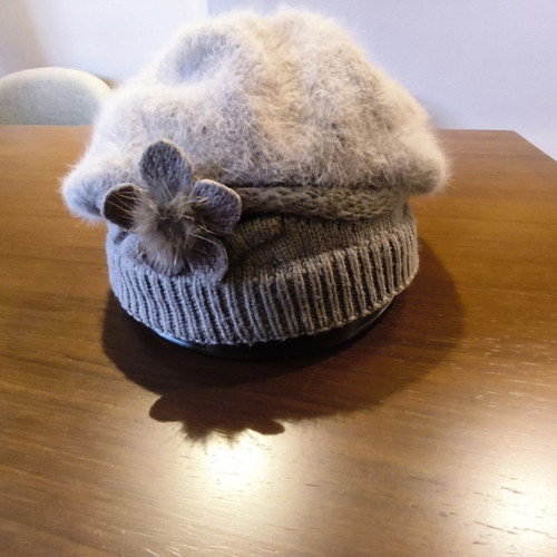 Knitted beret angora style with decorative flower, like new, beige gray
