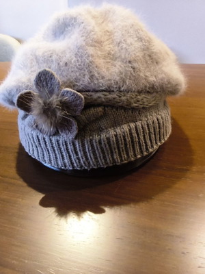 Knitted beret angora style with decorative flower, like new, beige gray