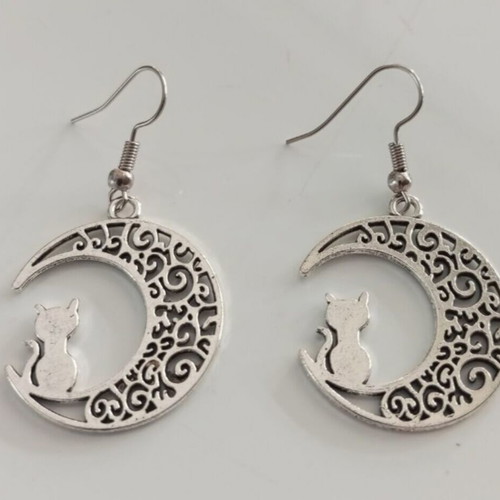 Cat and Moon Earrings new, stainless steel, silver color