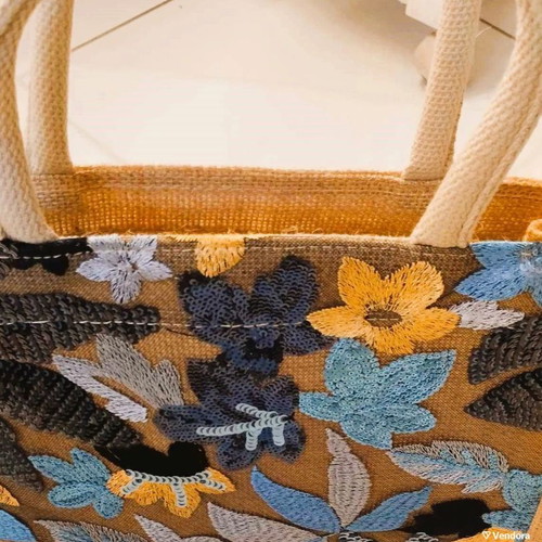 Floral Summer Straw Bag with Embroidered Flowers and Sequins