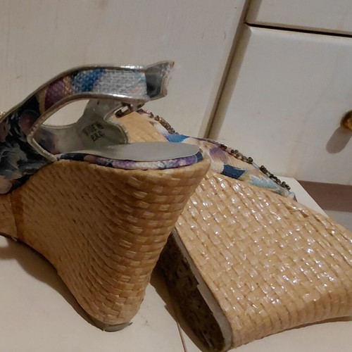Migato platform sandals size 38 like new, blue floral fabric with shine