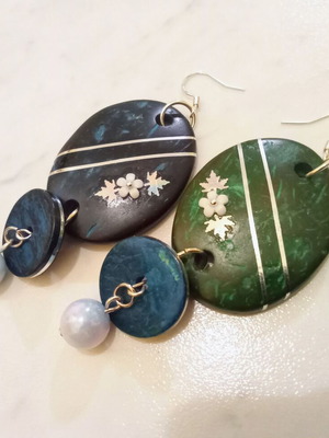 Handmade earrings new, black, dark green and silver with silver hoops