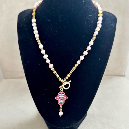 Handmade necklace with pink pearls and gold hematite new