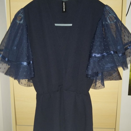 Dressy blouse with transparent polka dot sleeve, new, blue