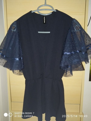 Dressy blouse with transparent polka dot sleeve, new, blue