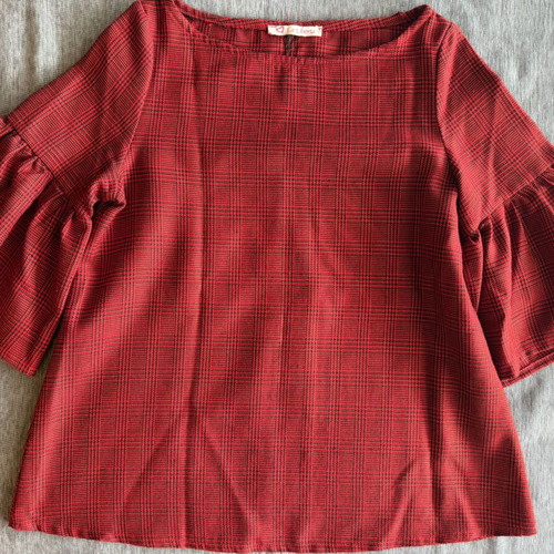 Red blouse with check pattern and dramatic sleeves, like new, size S