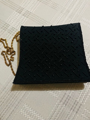 Evening shoulder bag used black satin vintage 90’s with beads