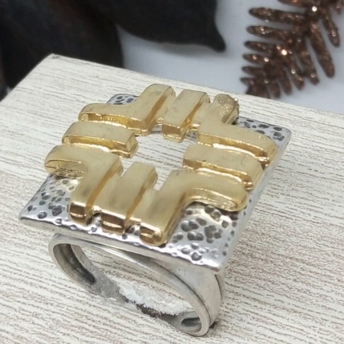 Handmade two-tone statement ring silver-gold