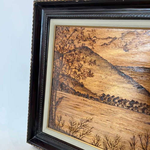 Vintage pyrography wall art with landscape and artist signature, 54x82