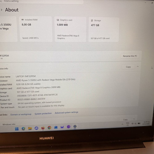 Huawei Matebook D14 laptop like new, AMD Ryzen, 8GB RAM, 500GB SSD