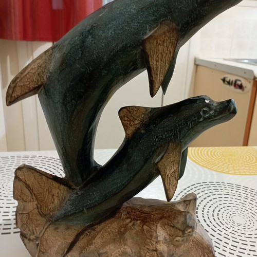 Decorative wooden sculpture of 2 dolphins, dark finish