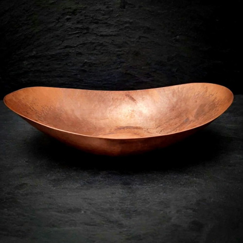 Vintage 1970s copper set, wall plate with roses and oval fruit bowl