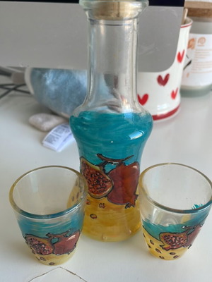Handmade glass bottle and two shot glasses like new, set of 3