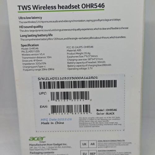 Acer TWS Wireless Headset OHR546 new, black