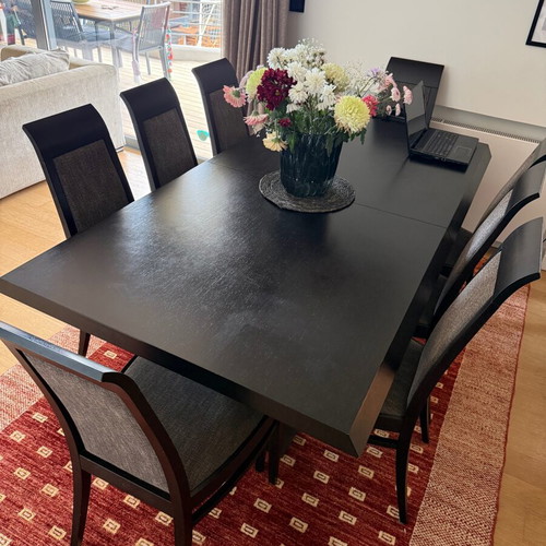 Wenge extendable dining set Casa di Patsi, 8 chairs with fabric seats