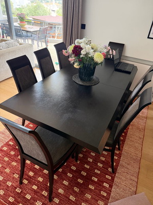 Wenge extendable dining set Casa di Patsi, 8 chairs with fabric seats