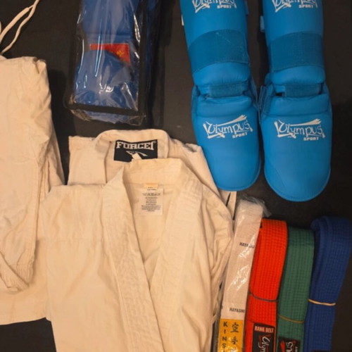 Karate equipment like new with 2 Hayashi and Force 1 suits, 4 belts, gloves, and shin guards