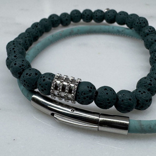 Double men's bracelet with lava stones and cork cord new, turquoise and silver
