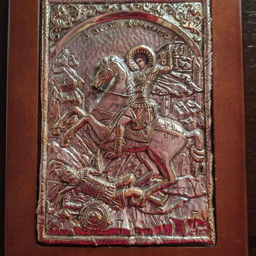 Religious icon of Saint Demetrios, pure silver 999, 18x24.5 cm