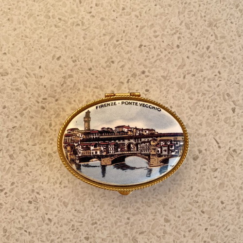 Vintage metal pill or jewelry box with Firenze Ponte Vecchio design
