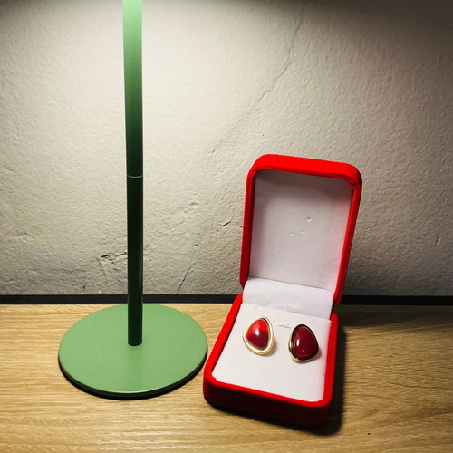 Vintage style earrings with deep red and gold trim