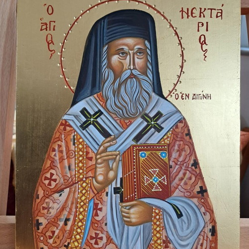 Saint Nektarios Egg Tempera Icon like new, 26×20.5 cm, Cretan school
