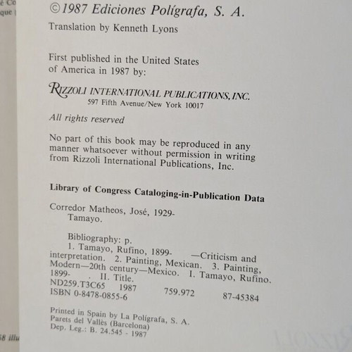 Tamayo monograph book used, English edition, Rizzoli 1987