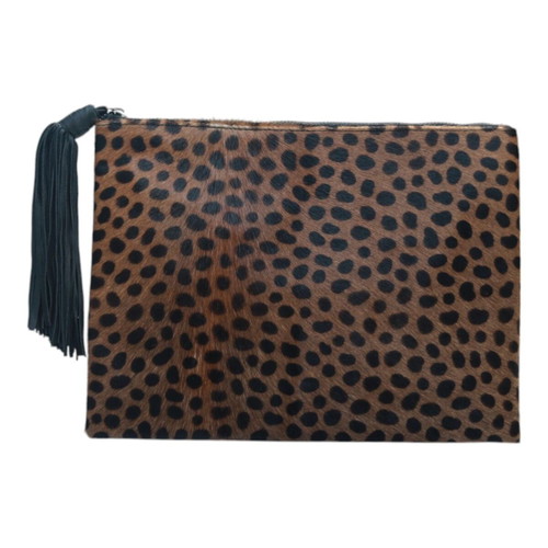Wings Nora Calf Hair Leopard Print Leather Tassel Clutch Bag used