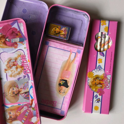 Barbie 90s metal pencil case used with pencil set, eraser and notebook
