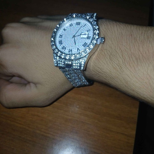 Iced Out men's watch like new, silver, decorated with stones