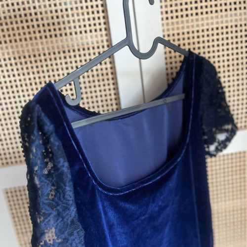 Chatton Velvet Bodysuit Blue New, Open Back with Lace Sleeves
