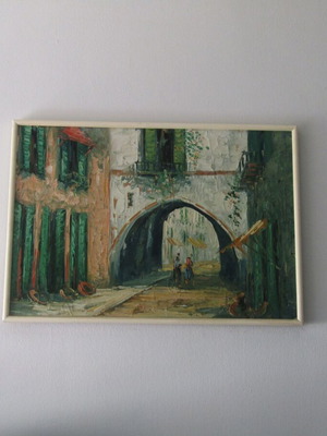 Greek oil painting used, village alley, 56x80 cm, late 80s early 90s