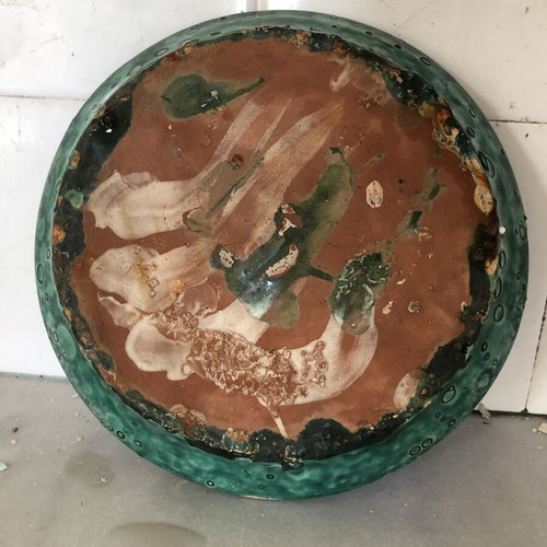 Green ceramic flowerpot Attica like new, glazed with embossed texture Ø23