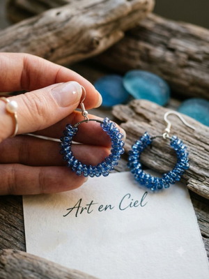 Handmade Blue Hoop Earrings with Beads, new