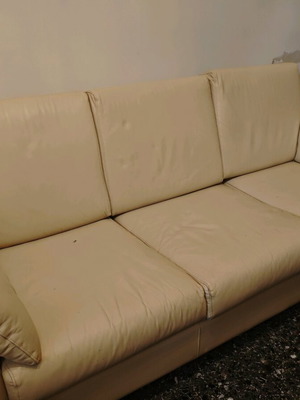 Leather sofa handmade from beech wood with fabric cover and coffee table used