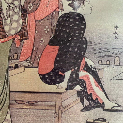 Japanese silk print used with geishas in wooden frame