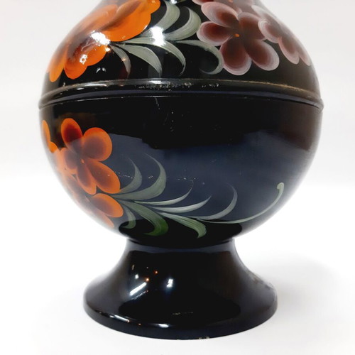 Vintage Korean Black Enamel Vase Steel Inlaid Flowers 23 cm