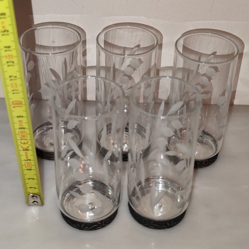 Vintage vodka/ouzo/cognac glasses set of 5, crystal and copper-nickel, like new