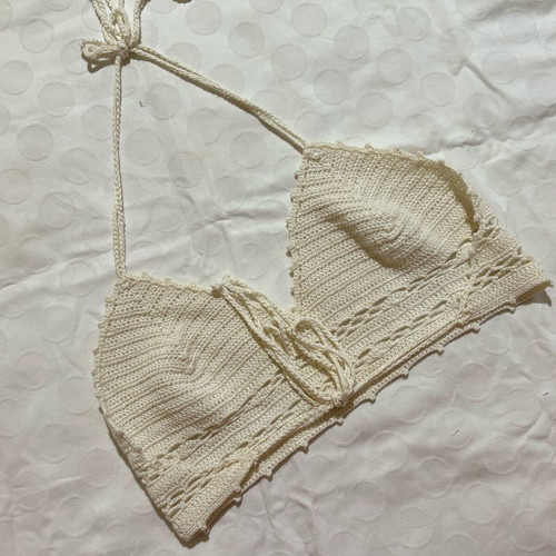 Embroidered bikini top like new, size S, white and beige
