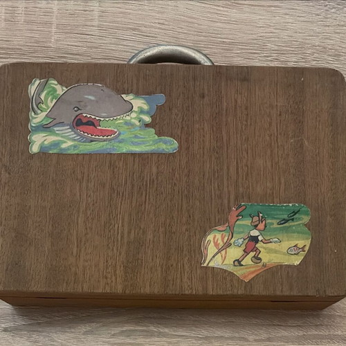 Vintage wooden school pencil case 'ΕΥΔΑΙΜΩΝ' used, 1950s-60s