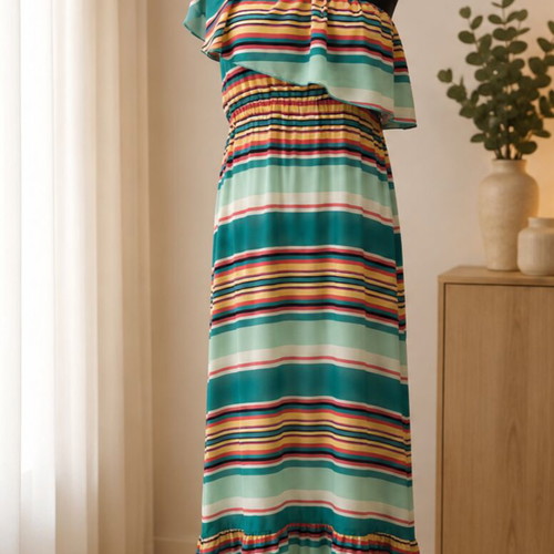 Maxi dress like new, colorful one-shoulder with ruffles, sizes S-M