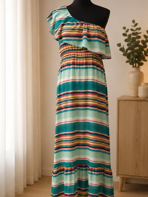 Maxi dress like new, colorful one-shoulder with ruffles, sizes S-M